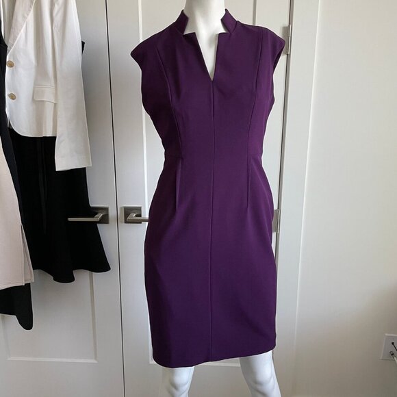Calvin Klein Cap Slv VNeck Fitted Poly Rayon Blend Lined Midi Dress Purple Sz 6P - Picture 12 of 12